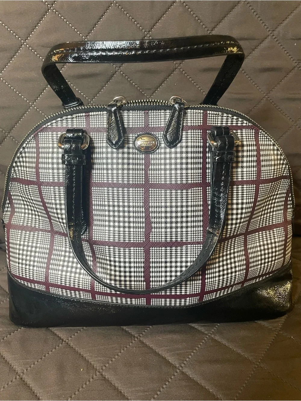 Coach Black Patent Leather Cora Glen Plaid Dome Satchel with Burgundy Accents